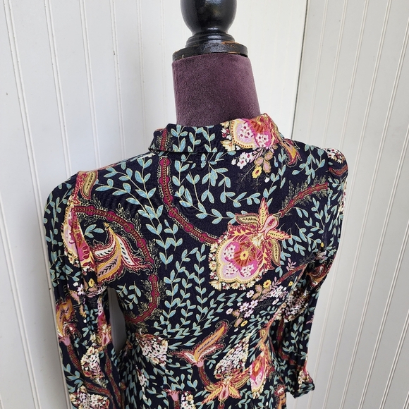 LOFT Black Colorful Floral Long Puff Sleeve Button-Down Sheath Dress Petite 2P - Picture 8 of 14